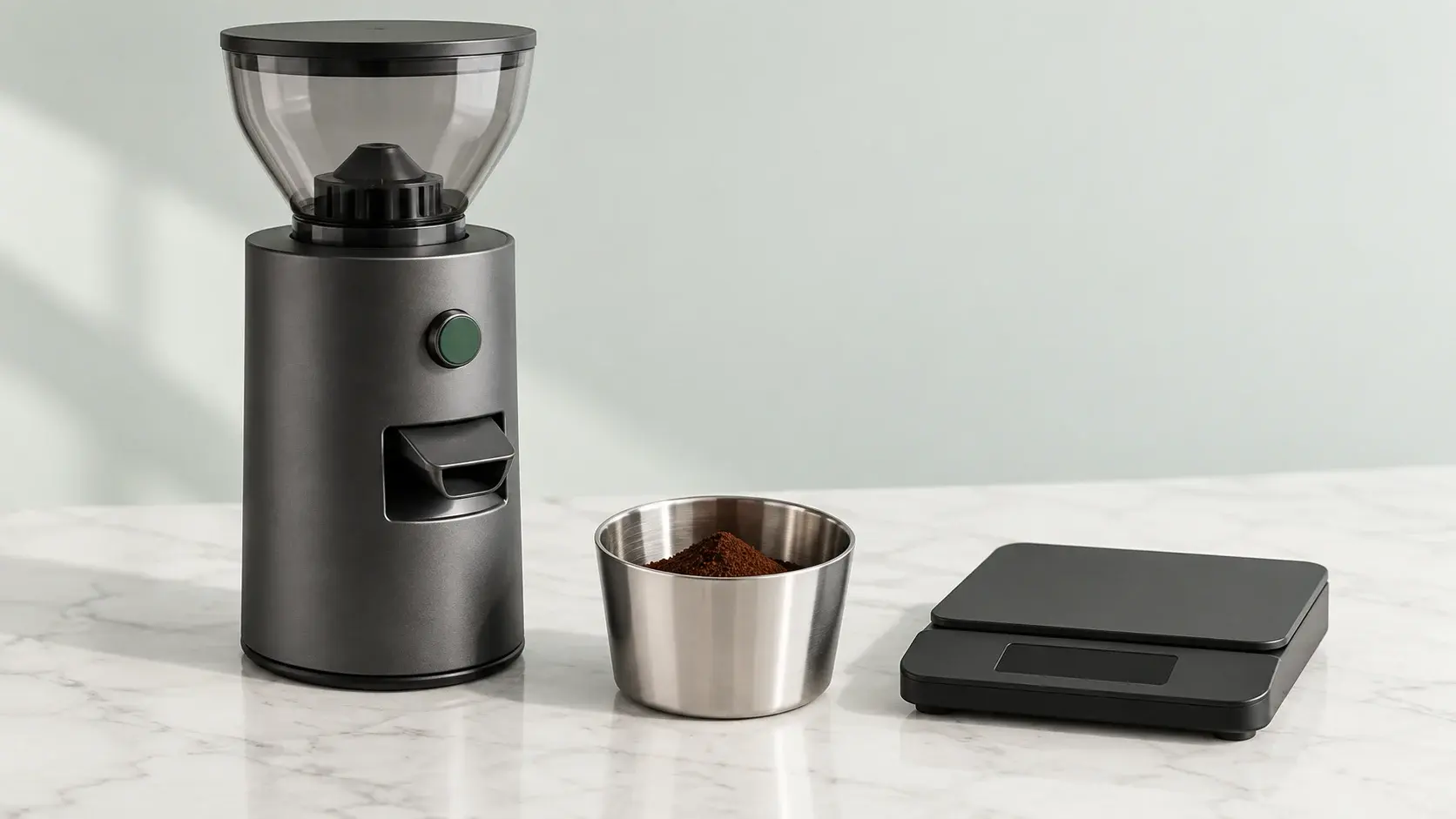 Unbranded espresso grinder, dosing cup, and digital coffee scale