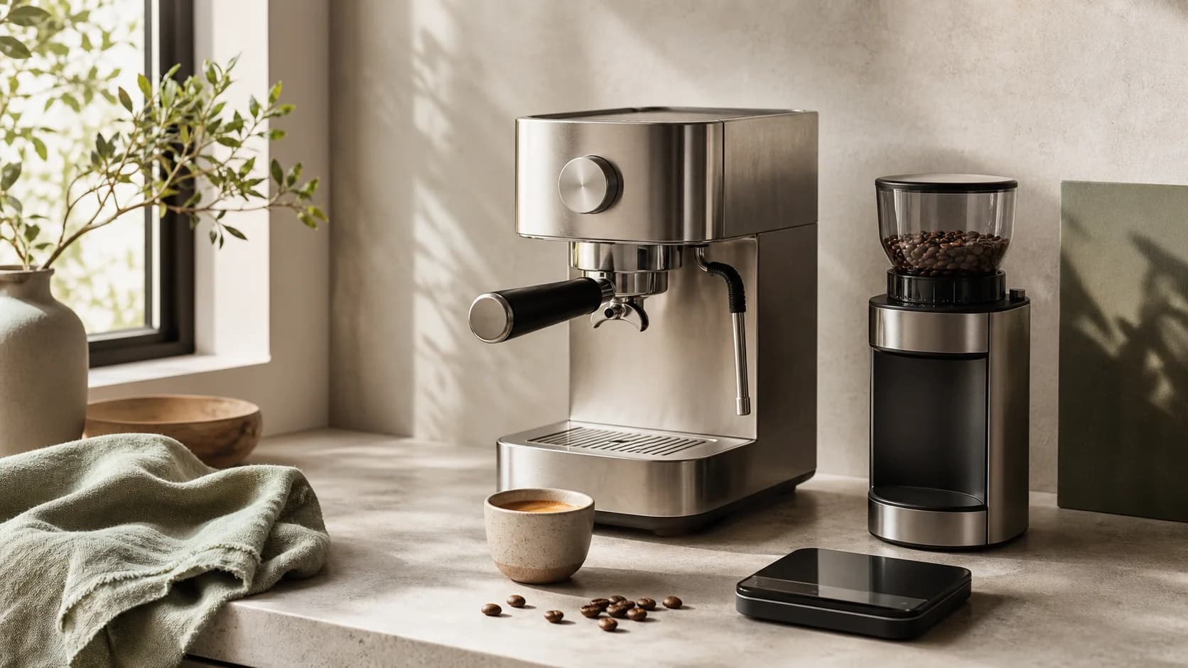 Unbranded home espresso workflow illustrating Americano vs coffee: same ingredients, different extraction
