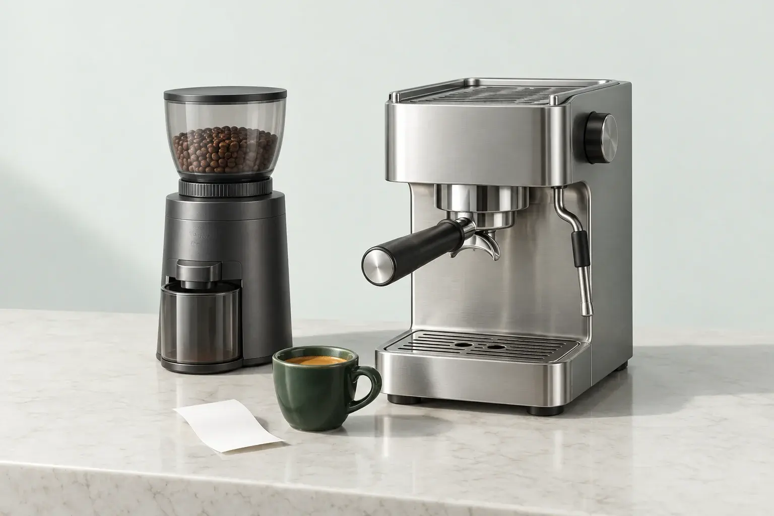 An unbranded home espresso machine and grinder on a compact counter