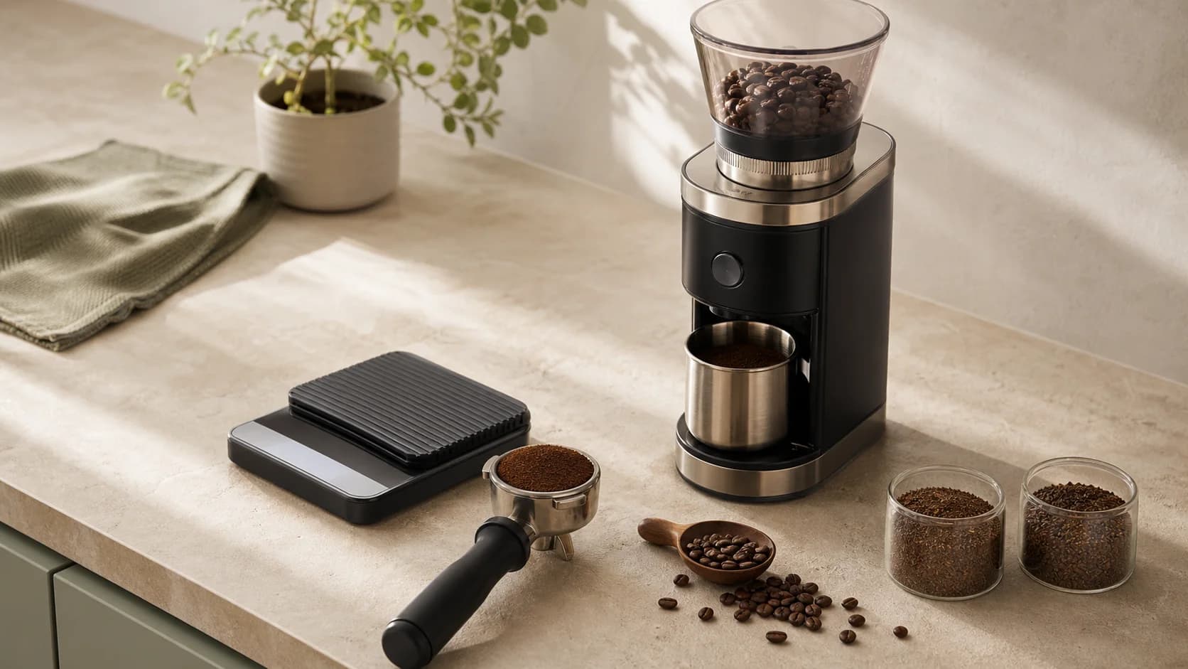 An unbranded espresso grinder, scale, portafilter, and grind samples