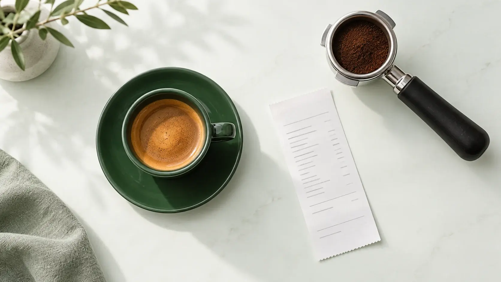 Espresso cup, portafilter, and a receipt with no prices shown