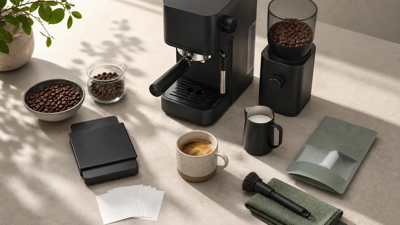 Unbranded home espresso workflow illustrating Best espresso machines under $500—after counting the grinder