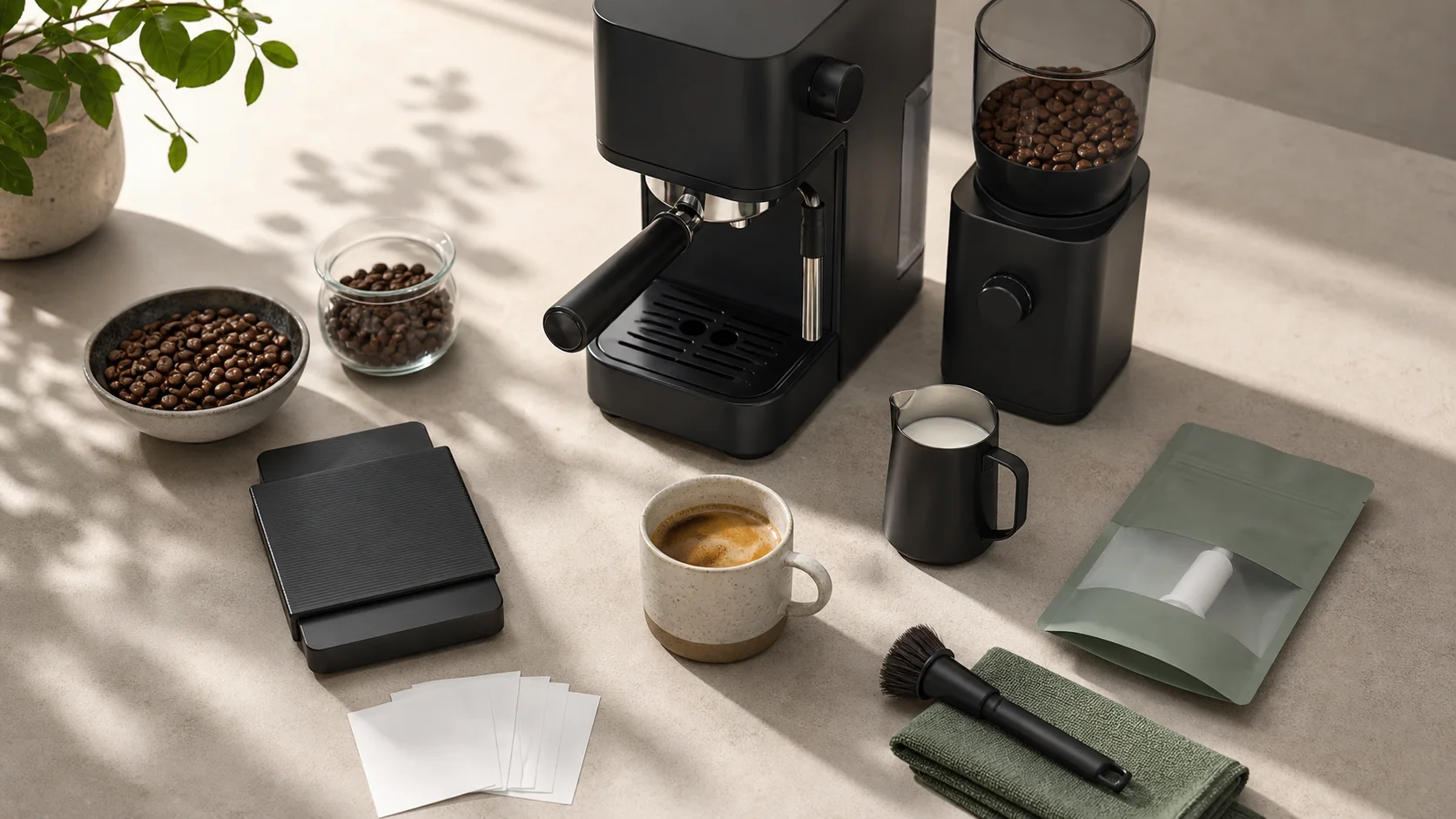 An unbranded complete espresso station with setup accessories itemized on a counter